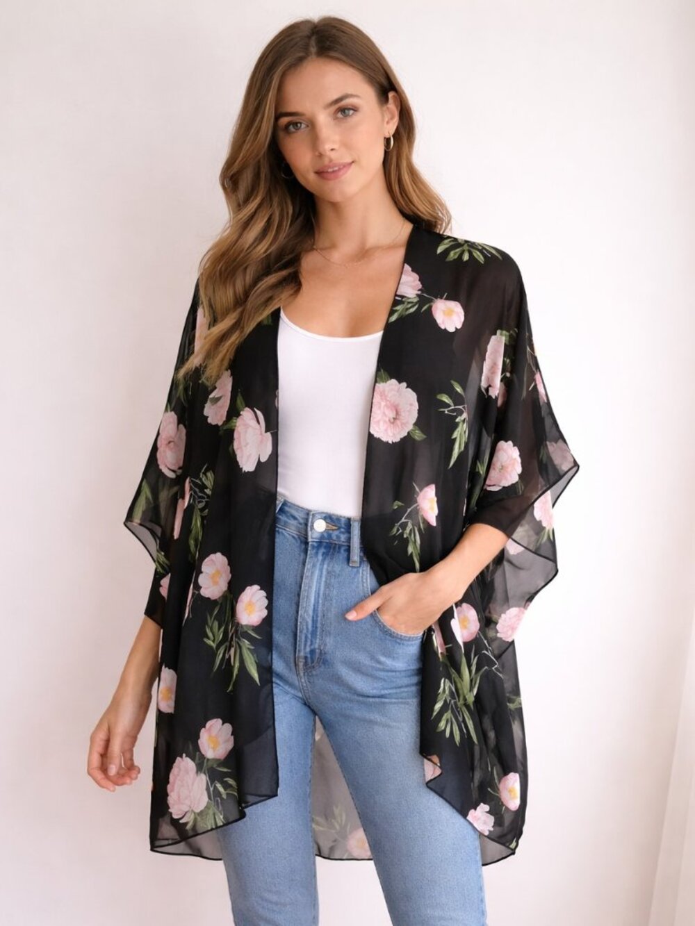 Floral Sheer Sz L Chiffon Short Kimono Duster Boho Festival Whimsey Romantic